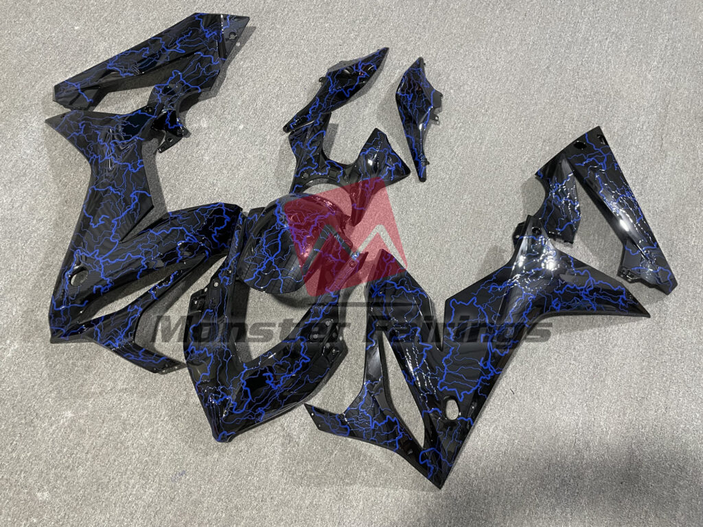 Honda CBR650R custom ABS fairings 2019 - 2020 in Gloss Black with Blue Lightnings - durable replacement kit, Monster Fairings