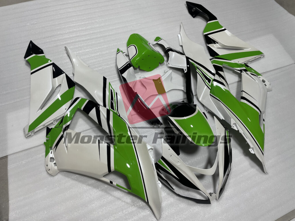 Kawasaki ZX6R custom ABS fairings 2013 - 2018 in Pearl White & and Green with Gloss Black - durable replacement kit, Monster Fairings
