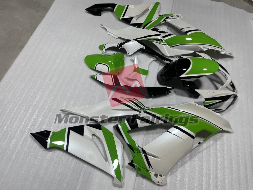 2013 - 2018 Kawasaki ZX6R Pearl White & and Green with Gloss Black fairing set - ABS injection, custom painted by Monster Fairings