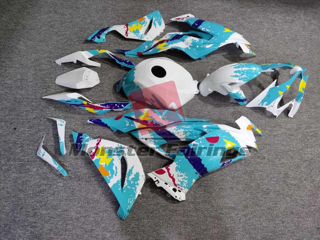 Monster Fairings ABS fairing kit for Kawasaki ZX6R 2019 - 2023 - Gloss White & and Aqua Jazz, precise OEM fit