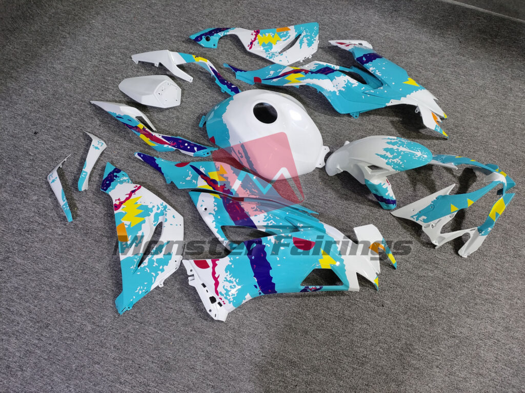 2019 - 2023 Kawasaki ZX6R Gloss White & and Aqua Jazz fairing set - ABS injection, custom painted by Monster Fairings