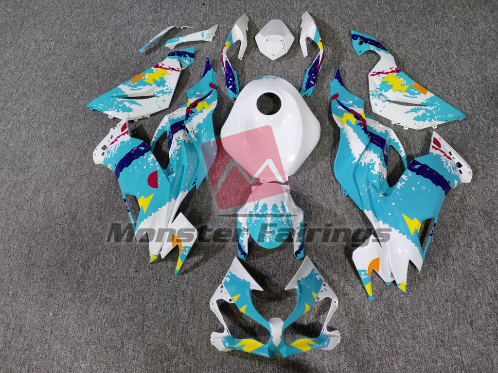 Kawasaki ZX6R 2019 - 2023 Gloss White & and Aqua Jazz ABS fairings - custom motorcycle bodywork kit by Monster Fairings