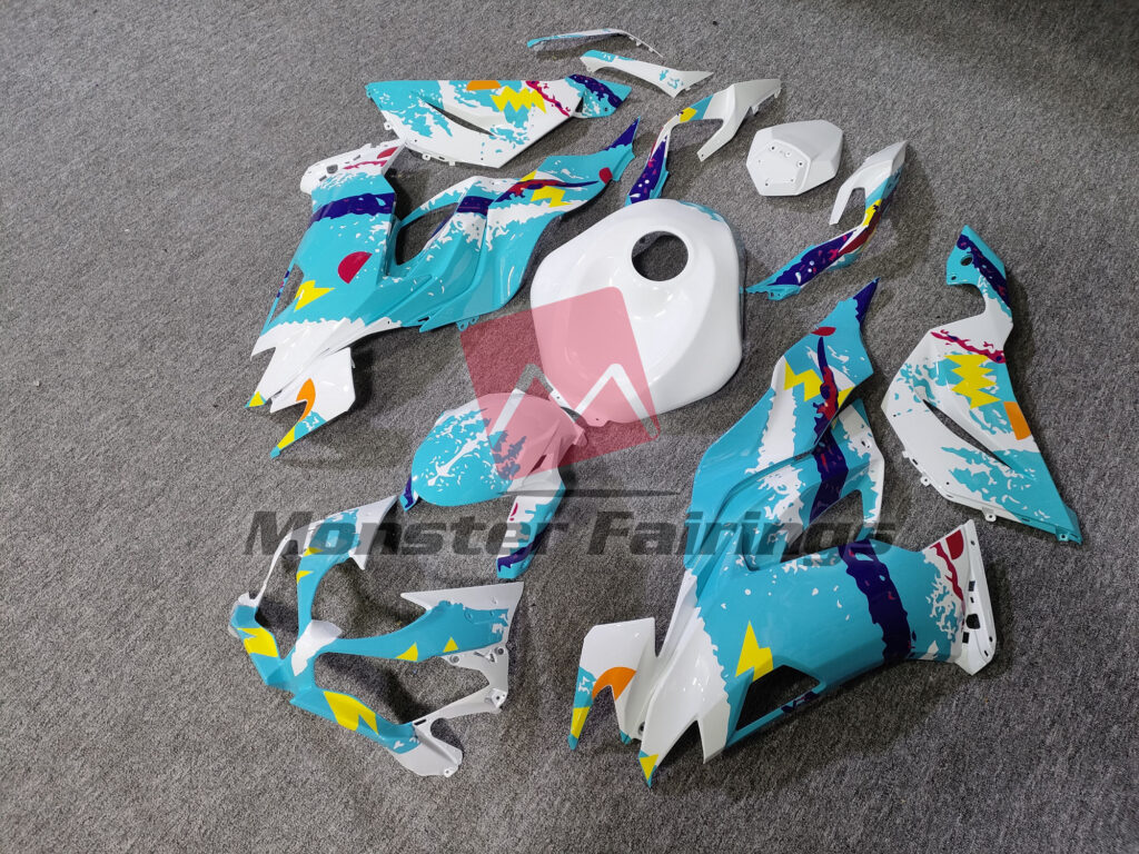 Kawasaki ZX6R custom ABS fairings 2019 - 2023 in Gloss White & and Aqua Jazz - durable replacement kit, Monster Fairings