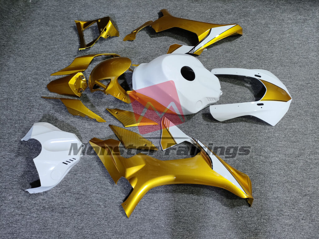 2015 - 2019 Yamaha R1 Gloss Gold Carbon Fiber Style & White fairing set - ABS injection, custom painted by Monster Fairings