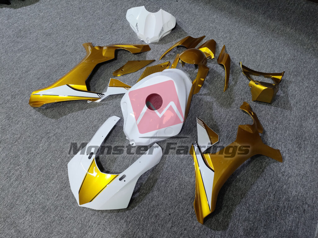 Gloss Gold Carbon Fiber Style & White ABS fairings for Yamaha R1 2015 - 2019 - premium OEM fit kit by Monster Fairings