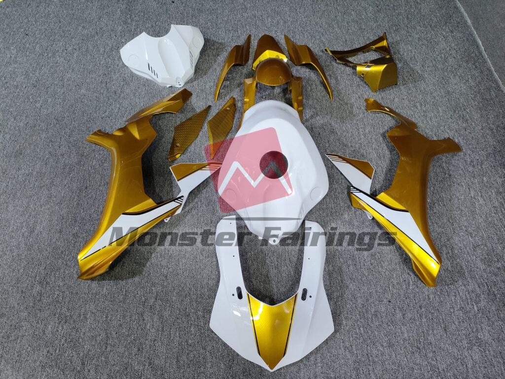 Yamaha R1 2015 - 2019 Gloss Gold Carbon Fiber Style & White ABS fairings - custom motorcycle bodywork kit by Monster Fairings