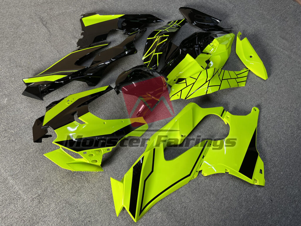 Kawasaki ZX10R custom ABS fairings 2021 - 2025 in Gloss Black & and Green Split Design - durable replacement kit, Monster Fairings