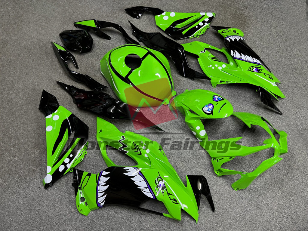 Kawasaki ZX6R custom ABS fairings 2019 - 2023 in Gloss Green & Black Shark - durable replacement kit, Monster Fairings
