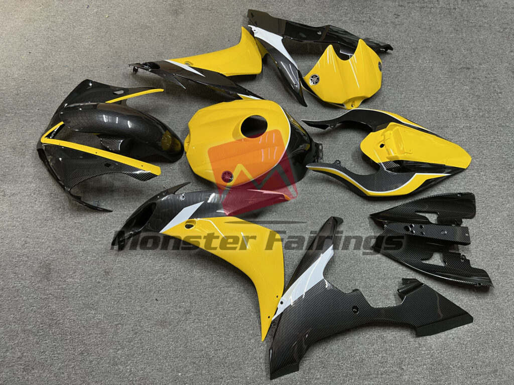 2004 - 2006 Yamaha R1 Gloss Yellow & Carbon Fiber Style fairing set - ABS injection, custom painted by Monster Fairings