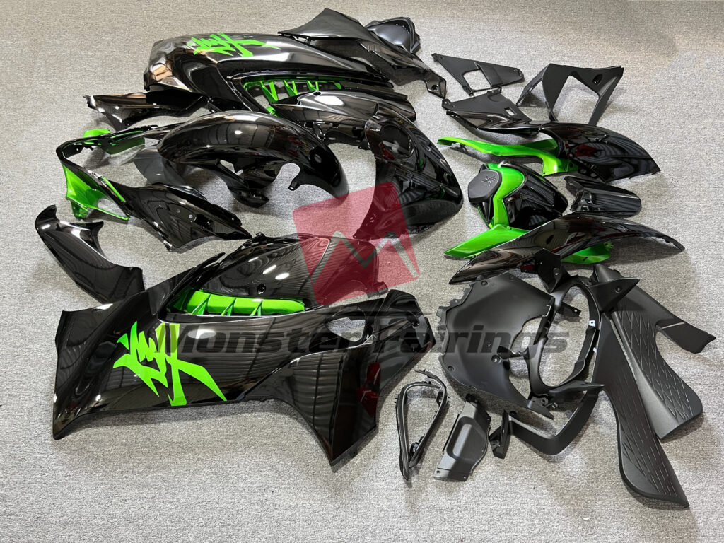 2021 - 2025 Suzuki GSXR 1300 Gloss Black & Green fairing set - ABS injection, custom painted by Monster Fairings