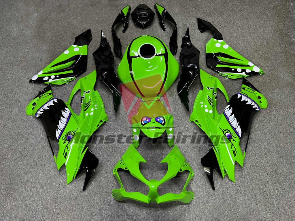 Kawasaki ZX6R 2019 - 2023 Gloss Green & Black Shark ABS fairings - custom motorcycle bodywork kit by Monster Fairings