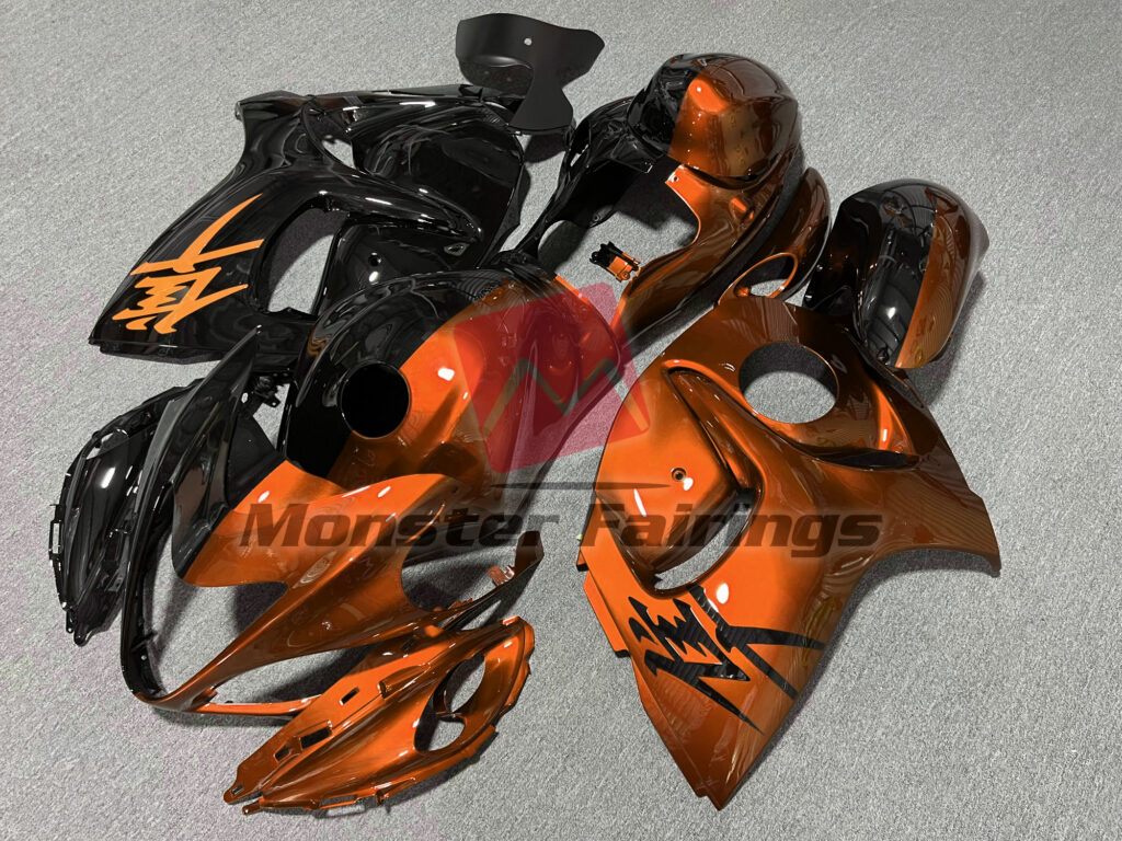 Suzuki GSXR 1300 custom ABS fairings 2008 - 2020 in Gloss Orange & and Black Split - durable replacement kit, Monster Fairings