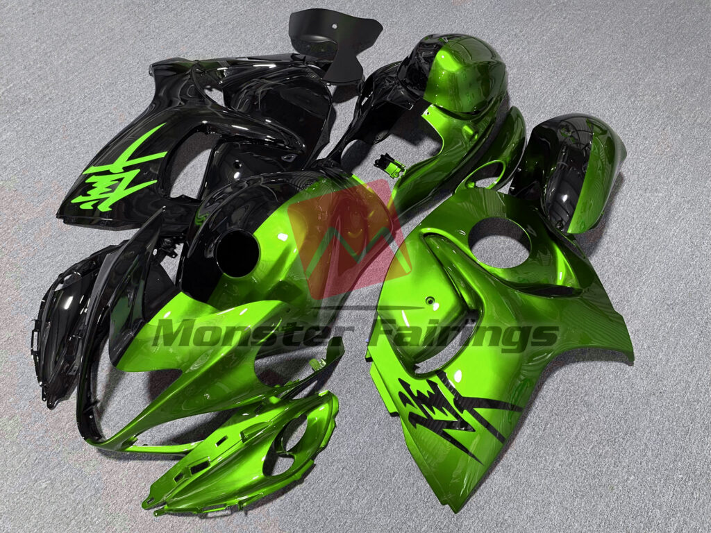 Suzuki GSXR 1300 custom ABS fairings 2008 - 2020 in Gloss Green & and Black Split - durable replacement kit, Monster Fairings