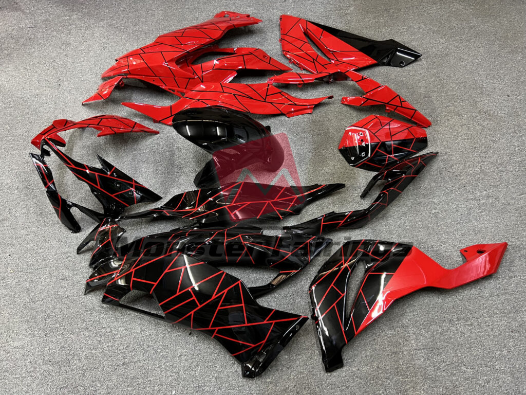 2019 - 2023 Kawasaki ZX6R Gloss Black & Red Split fairing set - ABS injection, custom painted by Monster Fairings