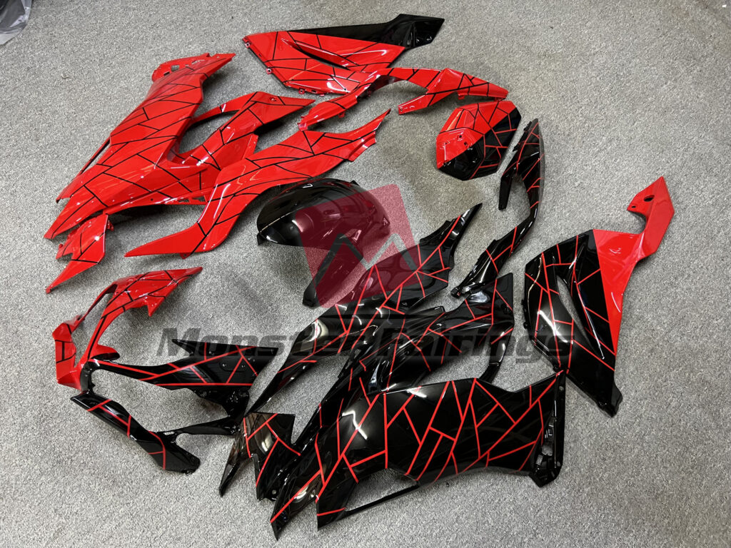 Kawasaki ZX6R custom ABS fairings 2019 - 2023 in Gloss Black & Red Split - durable replacement kit, Monster Fairings