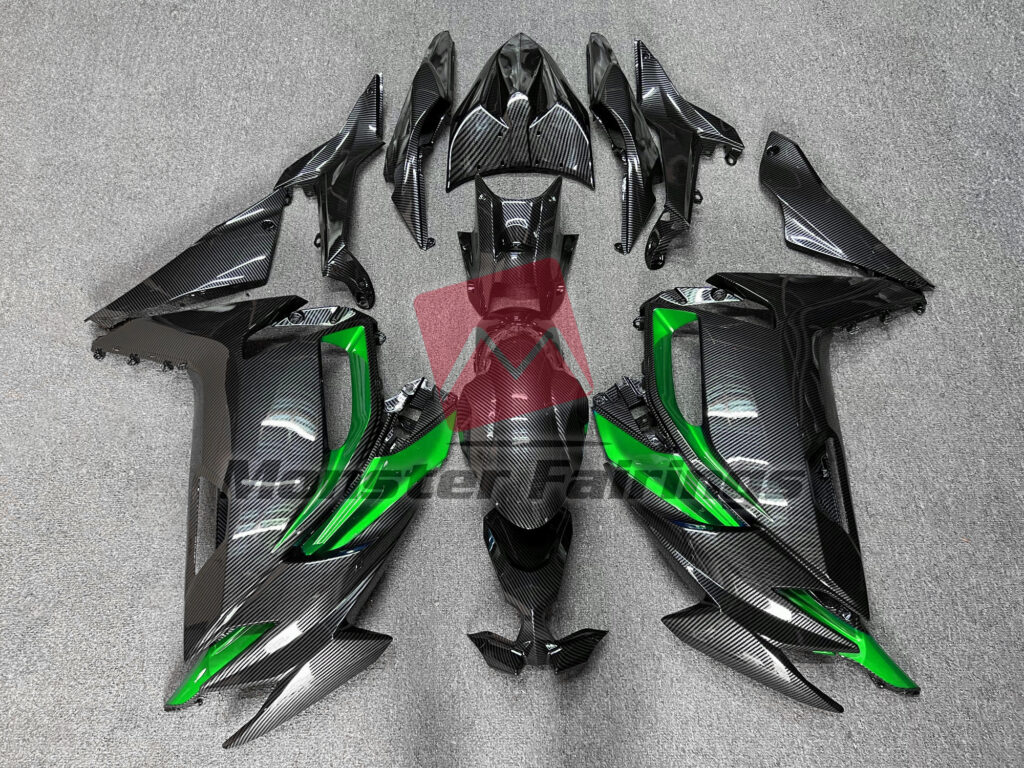 Kawasaki Ninja 650R 2020 - 2025 Gloss Carbon Fiber Style with Green ABS fairings - custom motorcycle bodywork kit by Monster Fairings