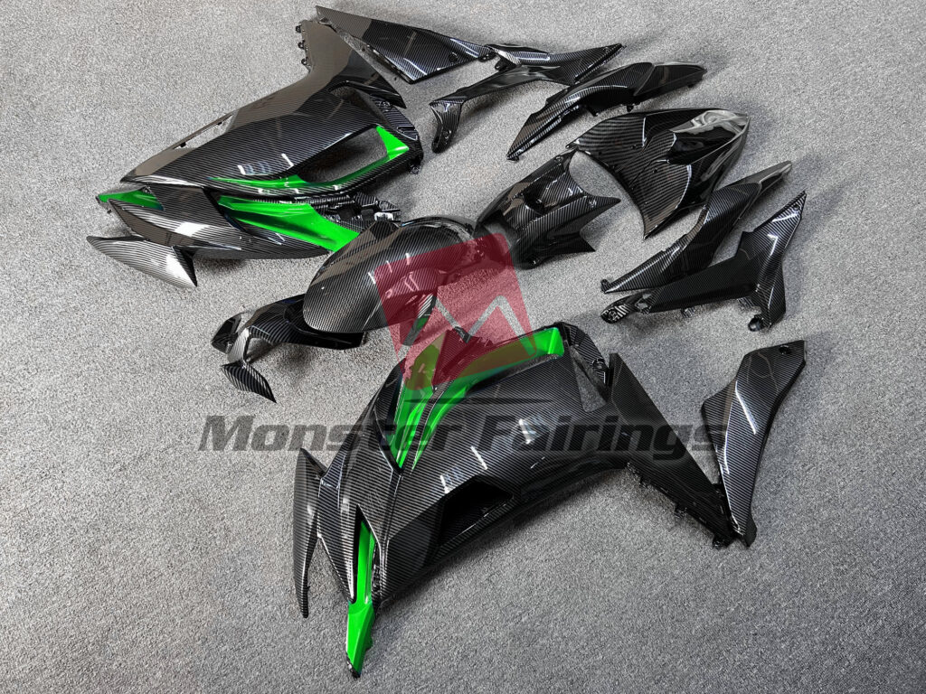 Kawasaki Ninja 650R custom ABS fairings 2020 - 2025 in Gloss Carbon Fiber Style with Green - durable replacement kit, Monster Fairings