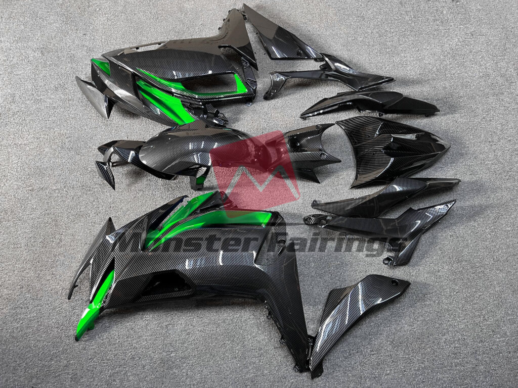 2020 - 2025 Kawasaki Ninja 650R Gloss Carbon Fiber Style with Green fairing set - ABS injection, custom painted by Monster Fairings