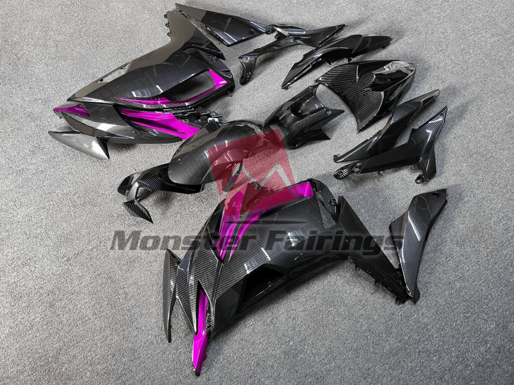 Kawasaki Ninja 650R custom ABS fairings 2020 - 2025 in Gloss Carbon Fiber Style with Pink - durable replacement kit, Monster Fairings