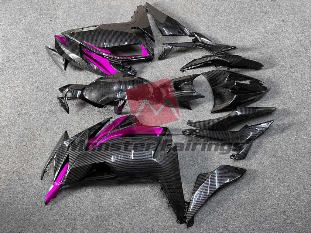 2020 - 2025 Kawasaki Ninja 650R Gloss Carbon Fiber Style with Pink fairing set - ABS injection, custom painted by Monster Fairings