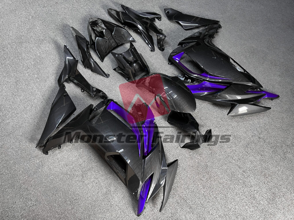 Gloss Carbon Fiber Style with Purple ABS fairings for Kawasaki Ninja 650R 2020 - 2025 - premium OEM fit kit by Monster Fairings
