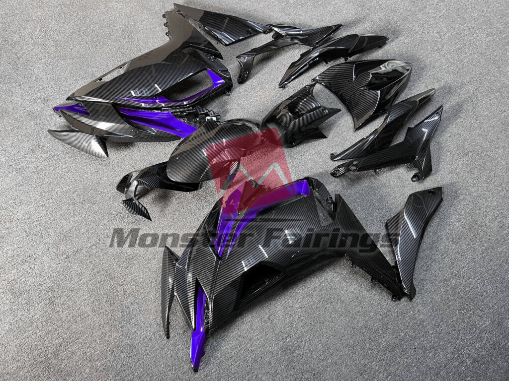 Kawasaki Ninja 650R custom ABS fairings 2020 - 2025 in Gloss Carbon Fiber Style with Purple - durable replacement kit, Monster Fairings