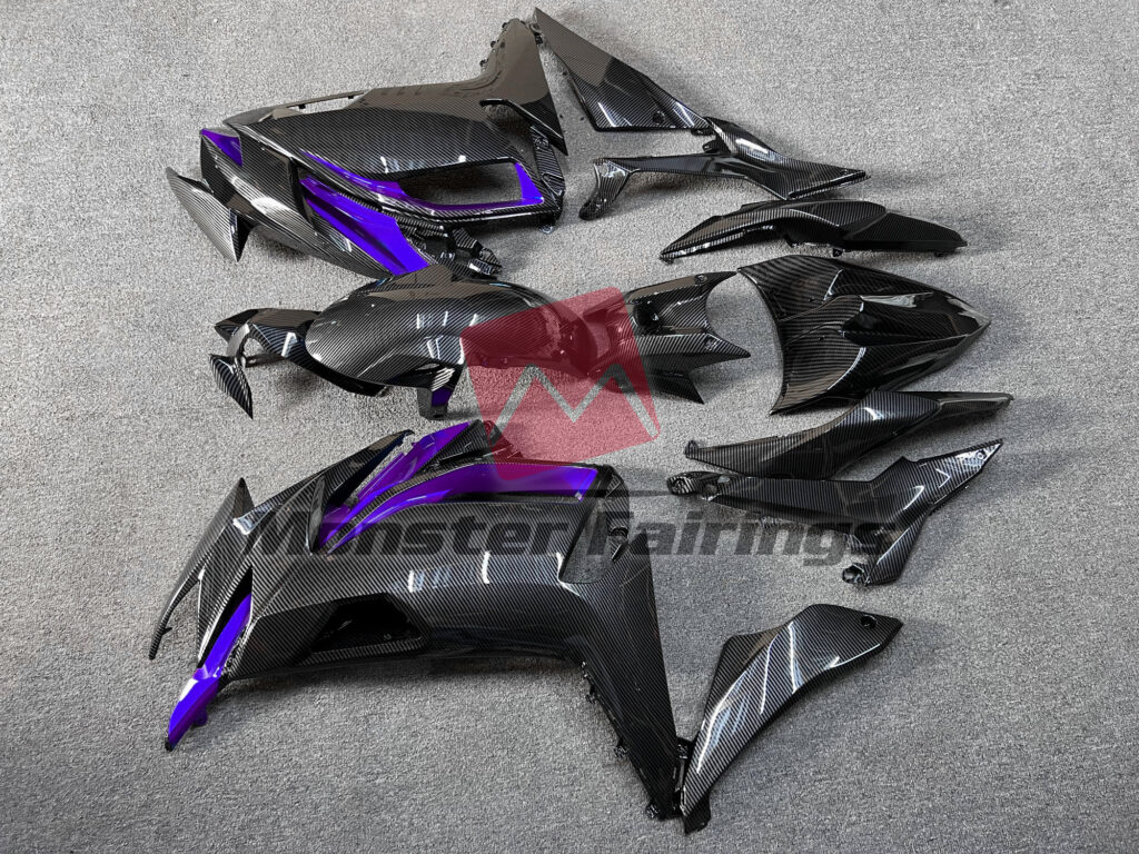 2020 - 2025 Kawasaki Ninja 650R Gloss Carbon Fiber Style with Purple fairing set - ABS injection, custom painted by Monster Fairings