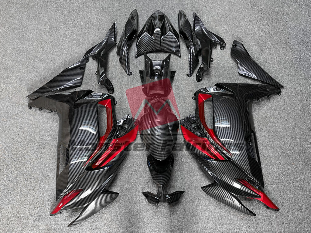 Kawasaki Ninja 650R 2020 - 2025 Gloss Carbon Fiber Style with Red ABS fairings - custom motorcycle bodywork kit by Monster Fairings
