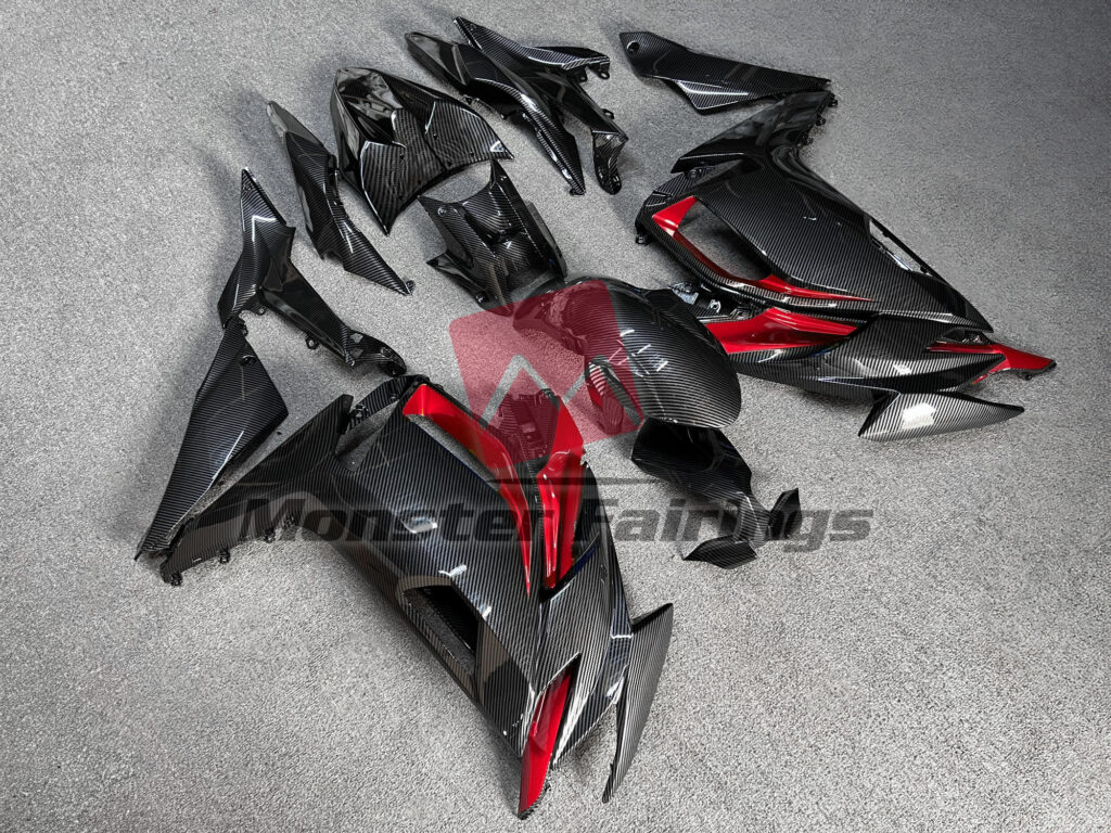 Gloss Carbon Fiber Style with Red ABS fairings for Kawasaki Ninja 650R 2020 - 2025 - premium OEM fit kit by Monster Fairings