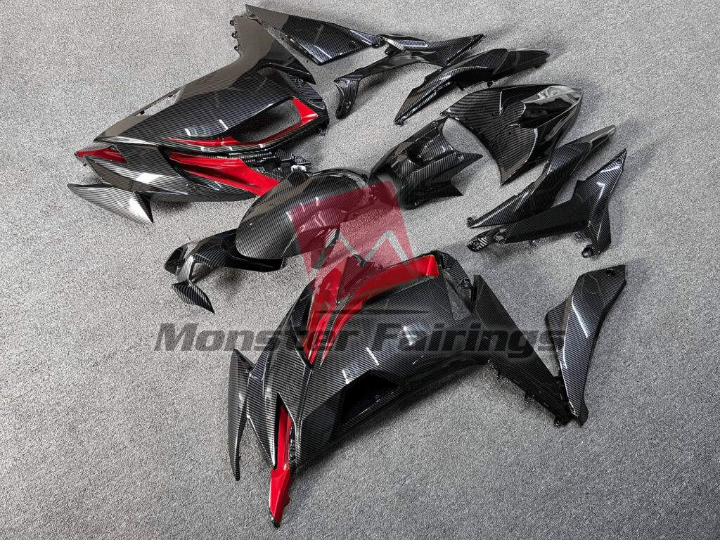 Kawasaki Ninja 650R custom ABS fairings 2020 - 2025 in Gloss Carbon Fiber Style with Red - durable replacement kit, Monster Fairings