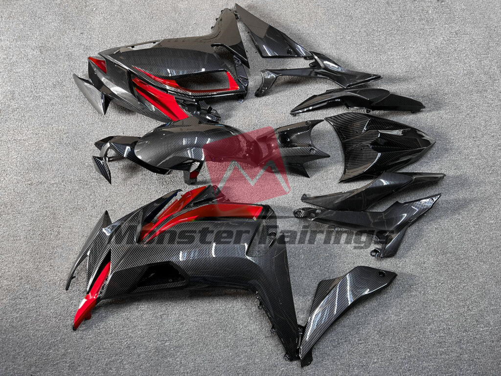 2020 - 2025 Kawasaki Ninja 650R Gloss Carbon Fiber Style with Red fairing set - ABS injection, custom painted by Monster Fairings