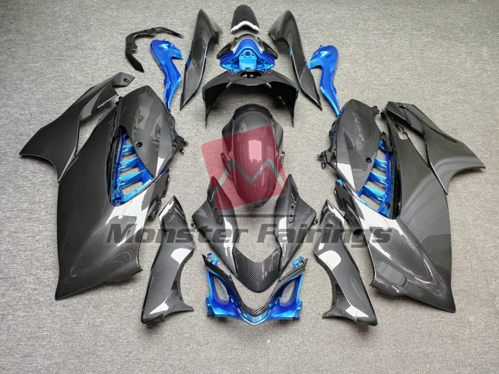 Suzuki GSXR 1300 2021 - 2025 Gloss Carbon Fiber with Blue ABS fairings - custom motorcycle bodywork kit by Monster Fairings