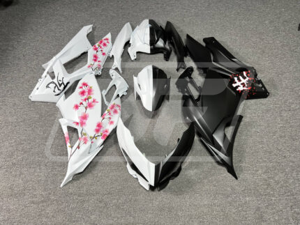 Kawasaki Ninja 400 2018-2024 Matte Black & White Cherry Blossom Split ABS Fairings | Monster Fairings