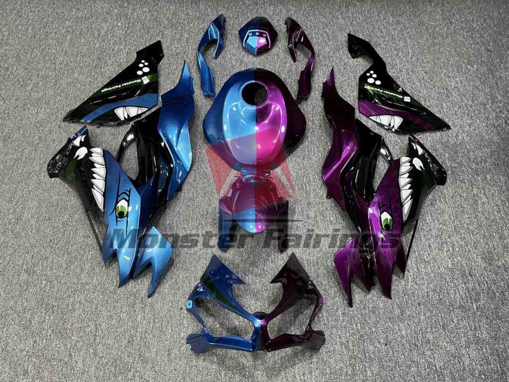 Kawasaki ZX6R 2019 - 2023 Blue & Purple Shark Split ABS fairings - custom motorcycle bodywork kit by Monster Fairings