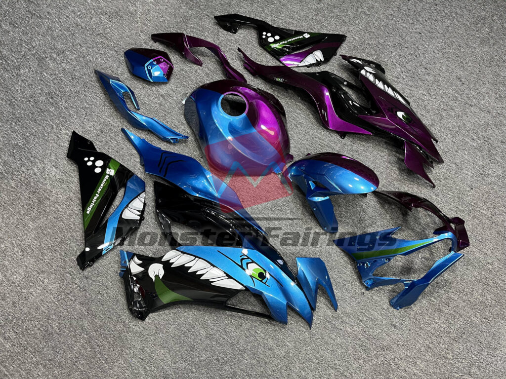 Kawasaki ZX6R custom ABS fairings 2019 - 2023 in Blue & Purple Shark Split - durable replacement kit, Monster Fairings