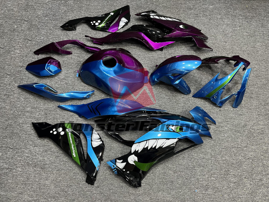 2019 - 2023 Kawasaki ZX6R Blue & Purple Shark Split fairing set - ABS injection, custom painted by Monster Fairings