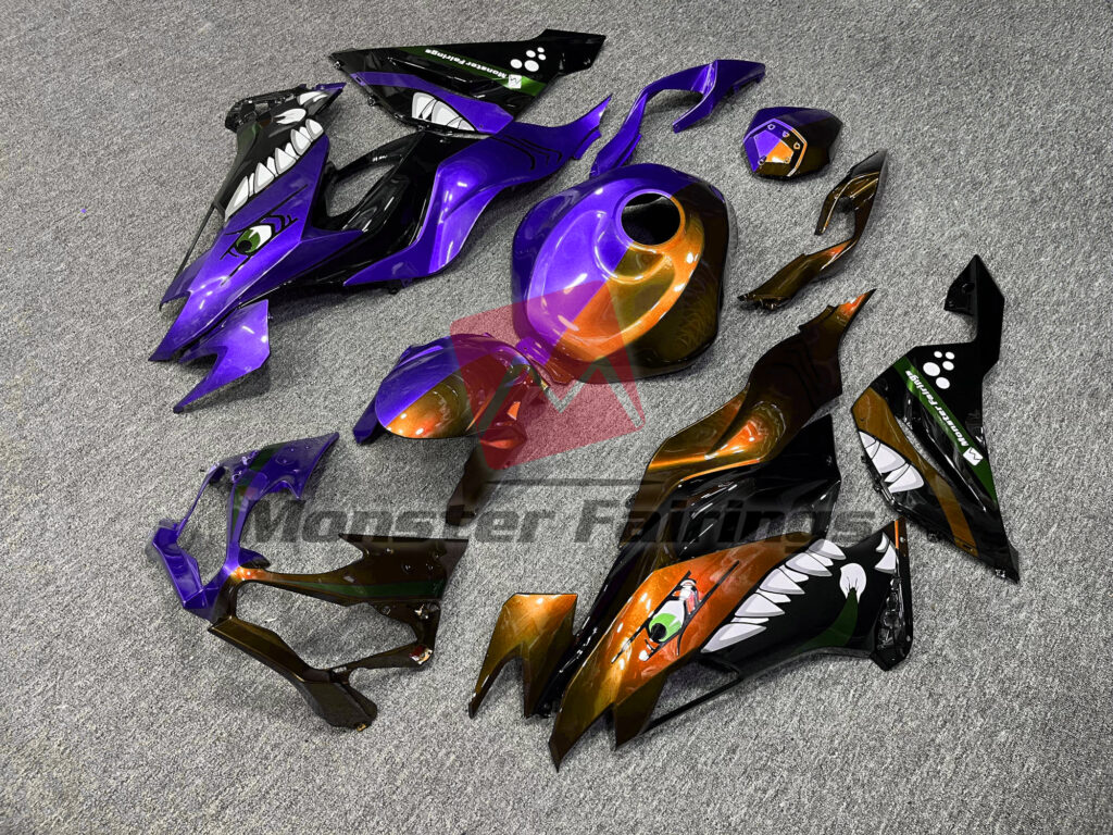 Purple & Orange Shark Split ABS fairings for Kawasaki ZX6R 2019 - 2023 - premium OEM fit kit by Monster Fairings