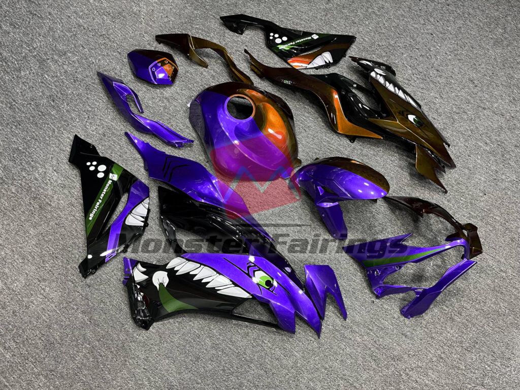 Kawasaki ZX6R custom ABS fairings 2019 - 2023 in Purple & Orange Shark Split - durable replacement kit, Monster Fairings