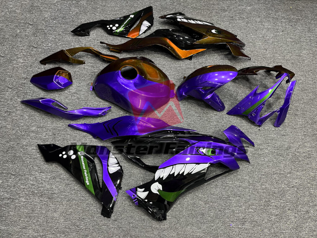 2019 - 2023 Kawasaki ZX6R Purple & Orange Shark Split fairing set - ABS injection, custom painted by Monster Fairings