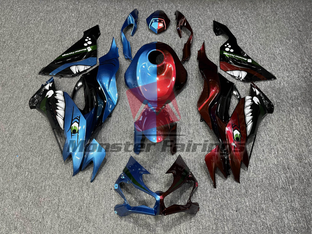 Kawasaki ZX6R 2019 - 2023 Blue & Red Shark Split ABS fairings - custom motorcycle bodywork kit by Monster Fairings