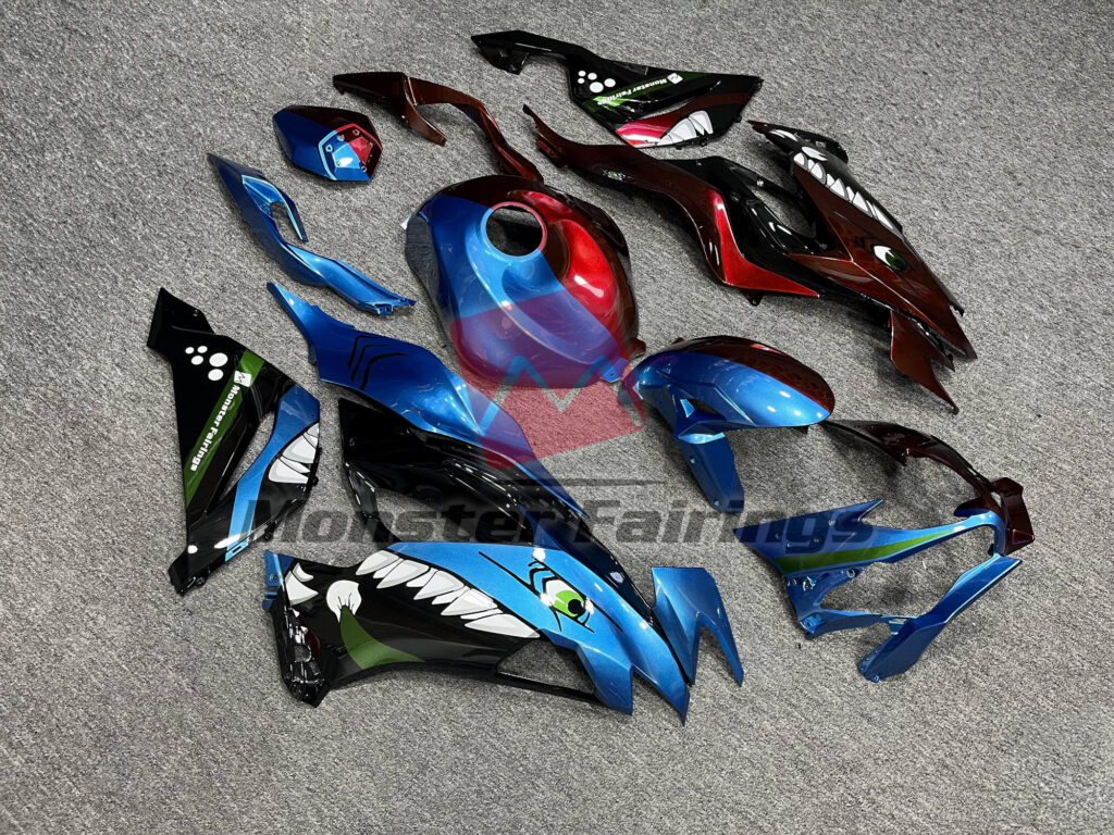 Kawasaki ZX6R custom ABS fairings 2019 - 2023 in Blue & Red Shark Split - durable replacement kit, Monster Fairings