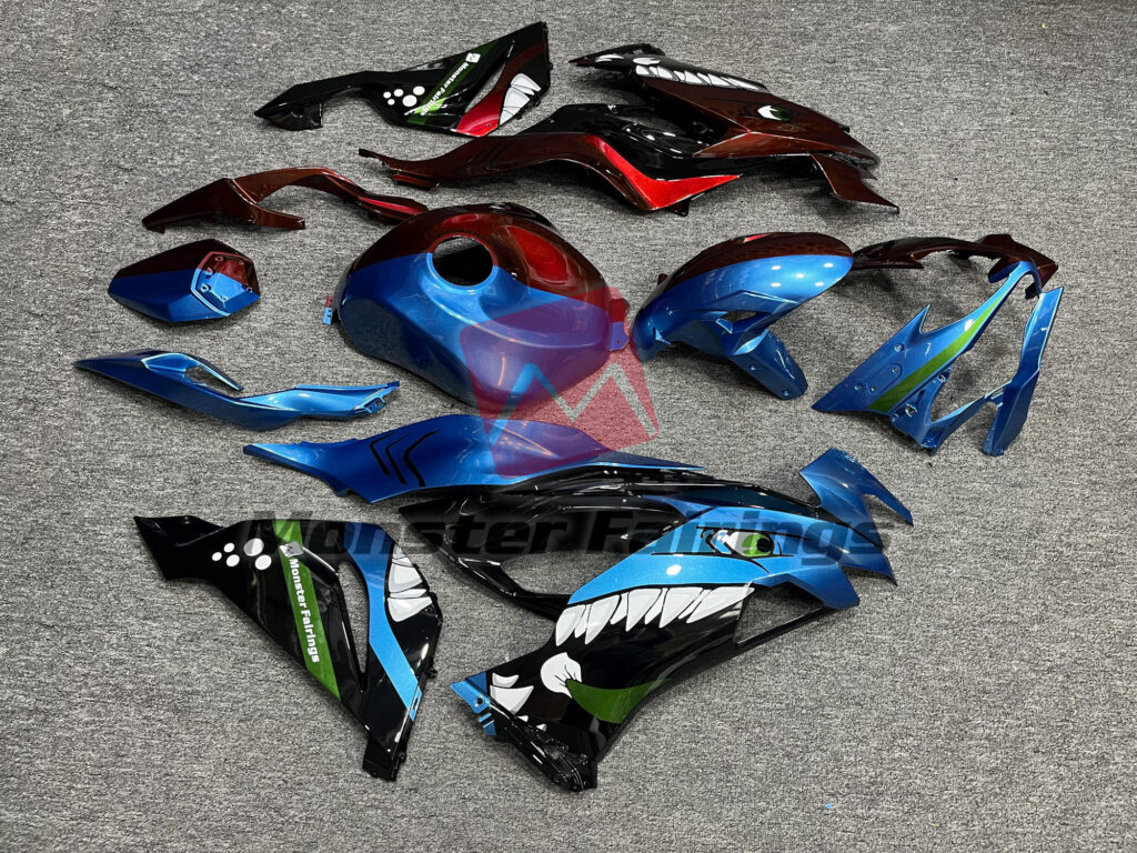 2019 - 2023 Kawasaki ZX6R Blue & Red Shark Split fairing set - ABS injection, custom painted by Monster Fairings