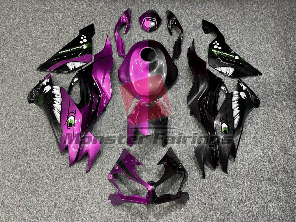 Kawasaki ZX6R 2019 - 2023 Pink & Black Shark Split ABS fairings - custom motorcycle bodywork kit by Monster Fairings
