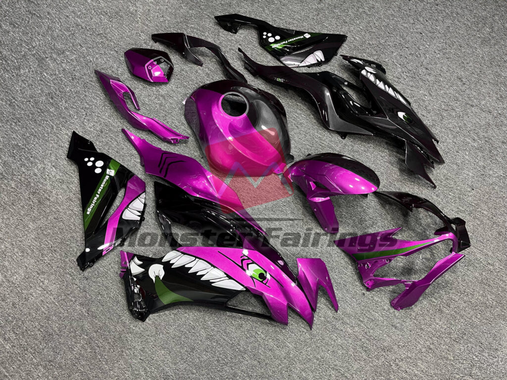 Kawasaki ZX6R custom ABS fairings 2019 - 2023 in Pink & Black Shark Split - durable replacement kit, Monster Fairings