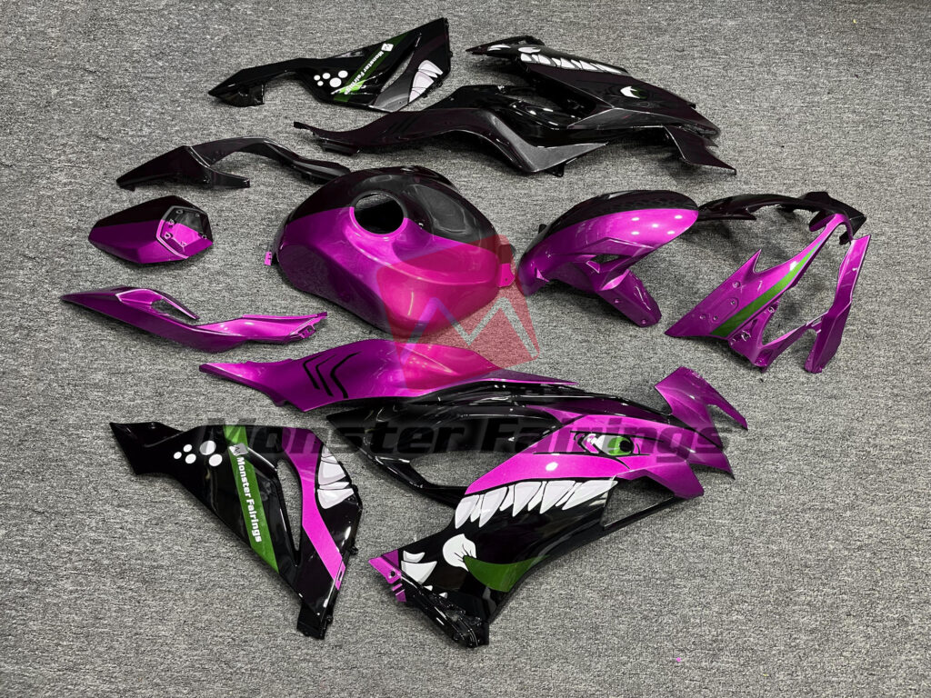 2019 - 2023 Kawasaki ZX6R Pink & Black Shark Split fairing set - ABS injection, custom painted by Monster Fairings