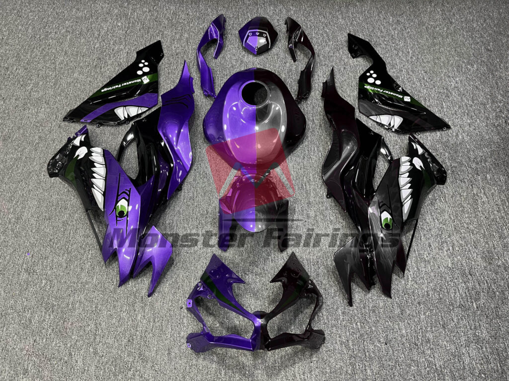 Kawasaki ZX6R 2019 - 2023 Purple & Black Shark Split ABS fairings - custom motorcycle bodywork kit by Monster Fairings