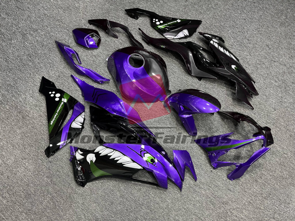 Kawasaki ZX6R custom ABS fairings 2019 - 2023 in Purple & Black Shark Split - durable replacement kit, Monster Fairings