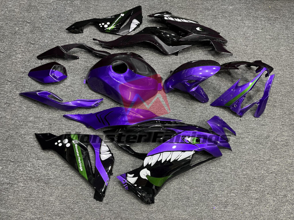 2019 - 2023 Kawasaki ZX6R Purple & Black Shark Split fairing set - ABS injection, custom painted by Monster Fairings