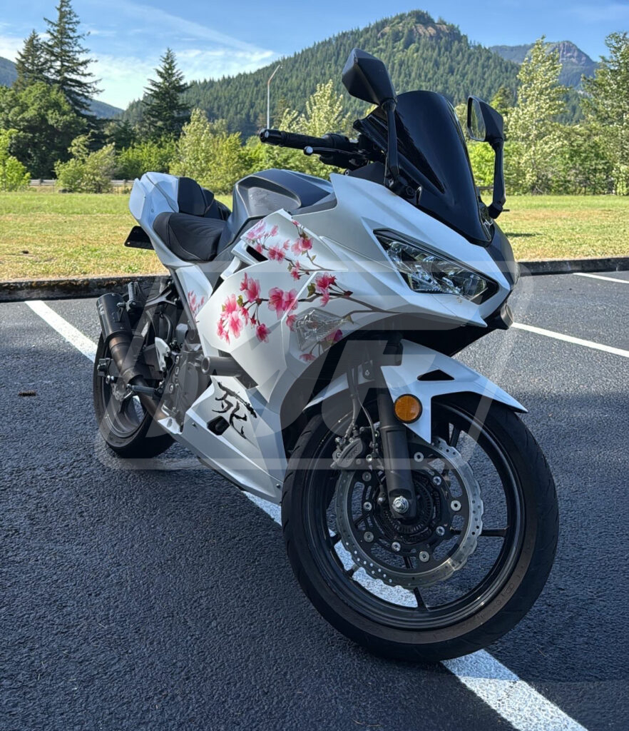 Matte Black & White Cherry Blossom Split ABS fairings for Kawasaki Ninja 400 2018 - 2024 - premium OEM fit kit by Monster Fairings
