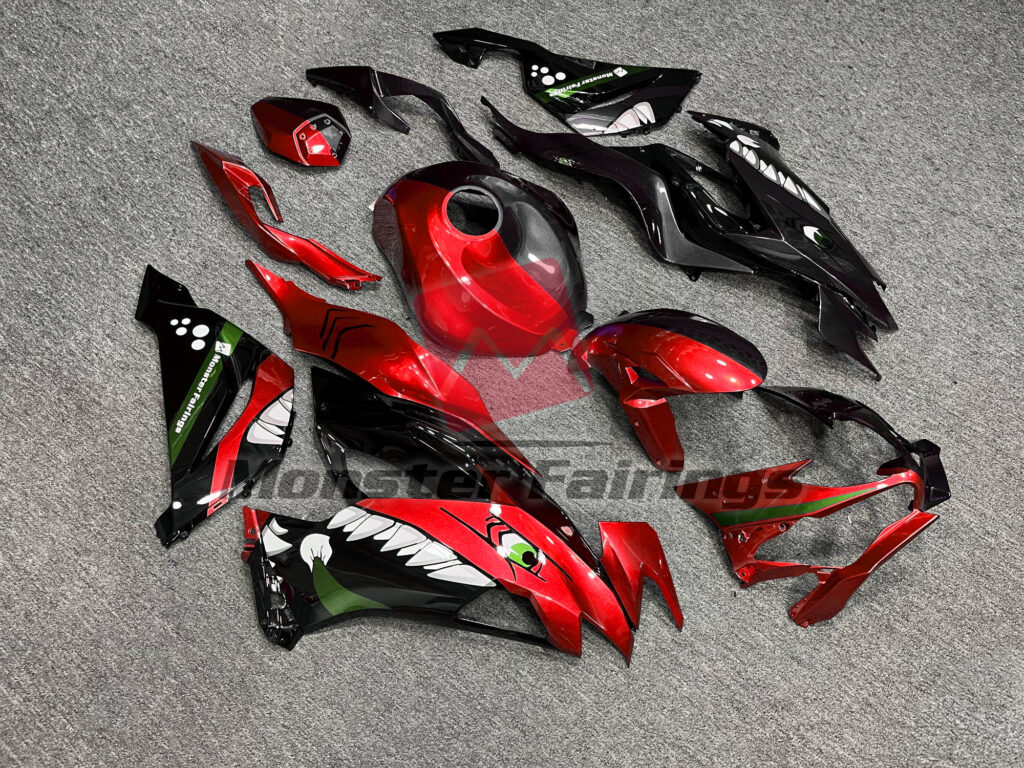 Kawasaki ZX6R custom ABS fairings 2019 - 2023 in Gloss Red & Black Shark Split - durable replacement kit, Monster Fairings